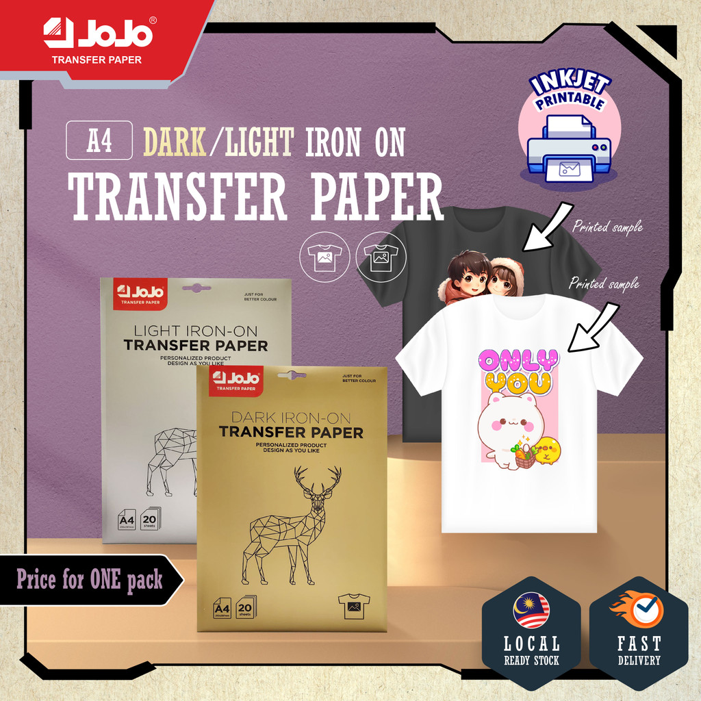 [ A4 TRANSFER PAPER 20S ] JOJO INKJET PRINTABLE DARK/LIGHT IRON ON TRANSFER PAPER