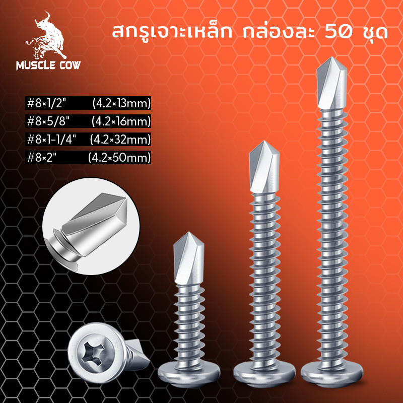 เบอร์ 8 สกรูปลายสว่าน มีให้เลือกหลายขนาด ถุงละ สกรูหัวร่ม ปลายสว่าน เจาะเหล็ก ยิงอลู เกลียวปล่อย WAF