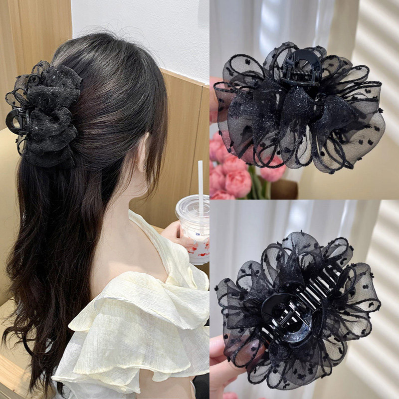 กิ๊บติดผมตาข่ายลายจุดสีดำ แบบหลายชั้น สไตล์แฟชั่นสำหรับผู้หญิง