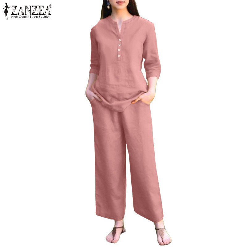 ชุดเสื้อเบลาส์แขน 3/4 และกางเกงขายาว กระเป๋าเอวยางยืด จากซานเซีย