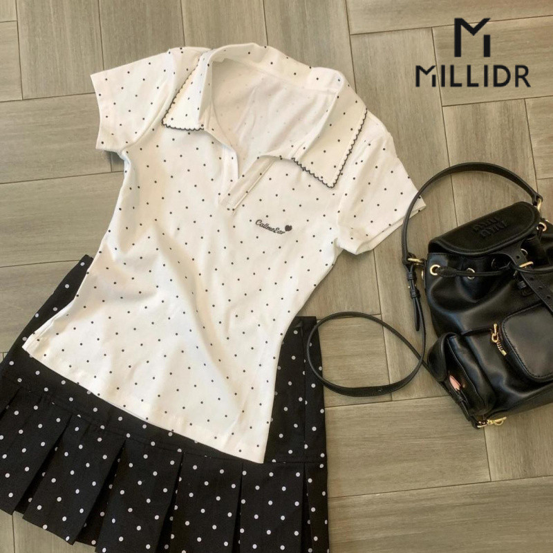 เสื้อโปโลปักลายจุดสีขาว แขนสั้นสำหรับผู้หญิง สไตล์.slim สำหรับฤดูร้อน