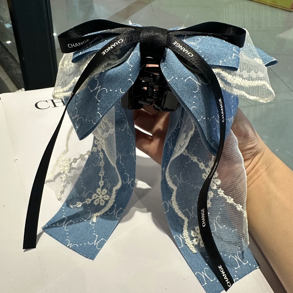 คลิปผมหางม้าลายโบว์สีฟ้า แบบเกาหลี สไตล์หวานสำหรับหญิง