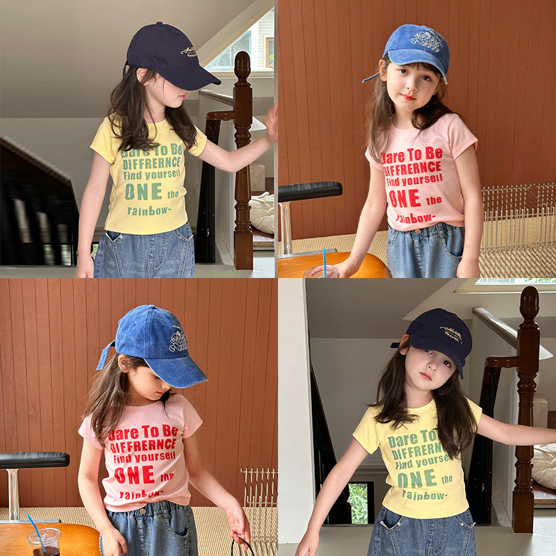 เด็กฤดูร้อนแฟชั่นสไตล์สาวร้อนแขนสั้นสาวจดหมายพิมพ์เสื้อยืดเด็กลําลองด้านบนเวอร์ชั่นเกาหลีเสื้อผ้าเด็ก