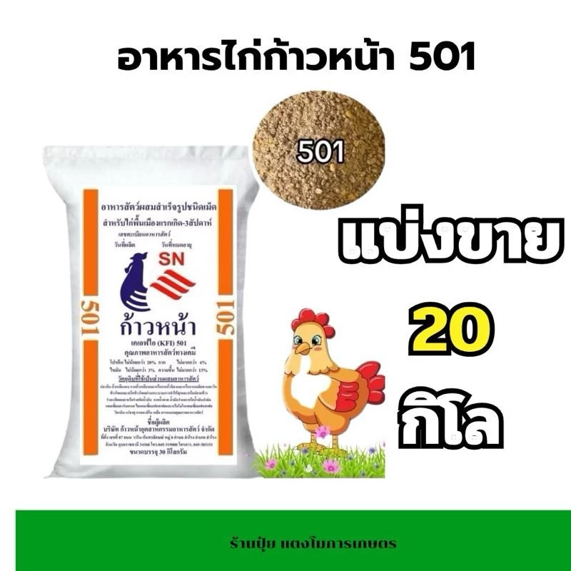 [แบ่งขาย 20 กิโล] อาหารไก่ ก้าวหน้า เคเอฟไอ 501 โปรตีน20% สำหรับไก่พื้นเมืองเเรกเกิด-3สัปดาห์
