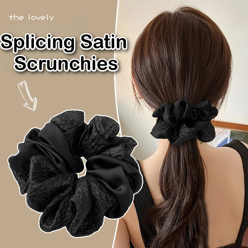Scrunchies สีดำพร้อมรายละเอียดริบบิ้นเชื่อมต่อ ยืดหยุ่นสำหรับการทำหางม้าและสไตล์ผมอื่นๆ