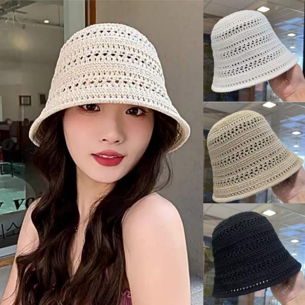 หมวกบักเก็ต ทอด้วยมือ ดีไซน์ตาข่าย หมวกแฟชั่น สไตล์เรโทร ระบายอากาศและป้องกันแสงแดด