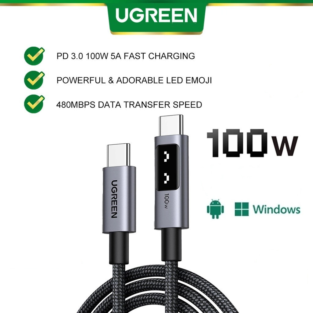 UGREEN ใช้กับโทรศัพท์ Type C Fast Charger Data Cable USB C ถึง Type C พร้อมหน้าจอน่ารัก 5A 100W PD สายถักสําหรับโทรศัพท์ Type C