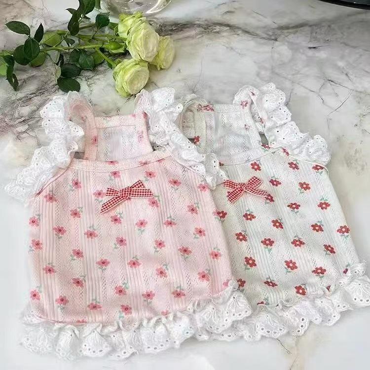 🌟เสื้อผ้าสุนัขฤดูใบไม้ผลิฤดูร้อนสไตล์ใหม่ลูกไม้ลายดอกไม้สลิงชุดเจ้าหญิงสัตว์เลี้ยงบิชอนตุ๊กตาลูกไม้ชุดเสื้อกั๊ก