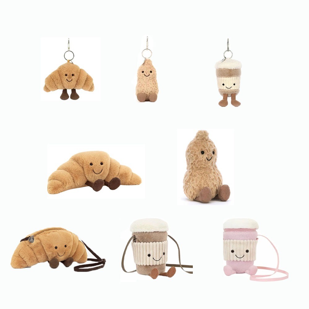 Jellycat Peanut, Croissant keychain, Coffee keychain, Croissant Doll, Peanut keychain, Coffee Pouch,