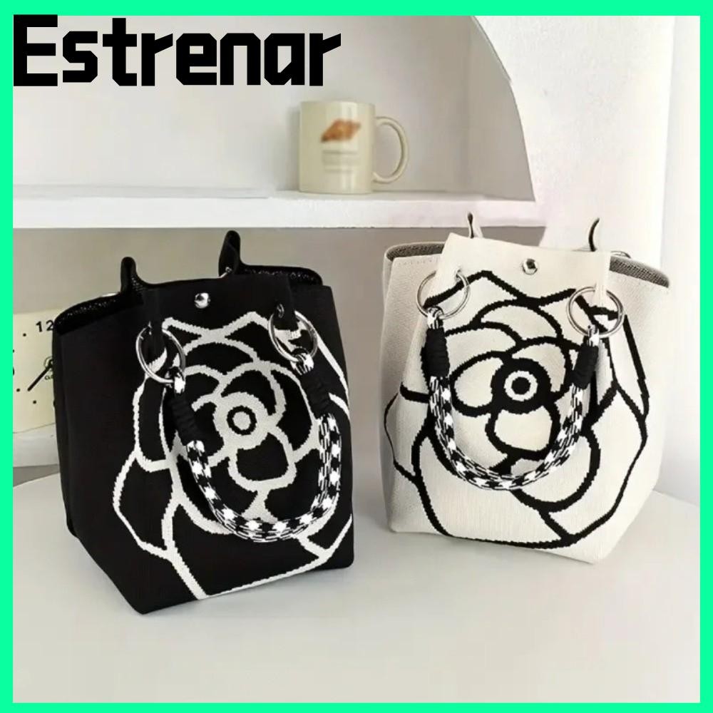 ESTRENAR กระเป๋าถือเกาหลี,แบบพกพา Camellia พิมพ์รูปแบบถักกระเป๋าถือ,โบว์โบว์ออกแบบกระเป๋าถือผู้หญิงความจุขนาดใหญ่