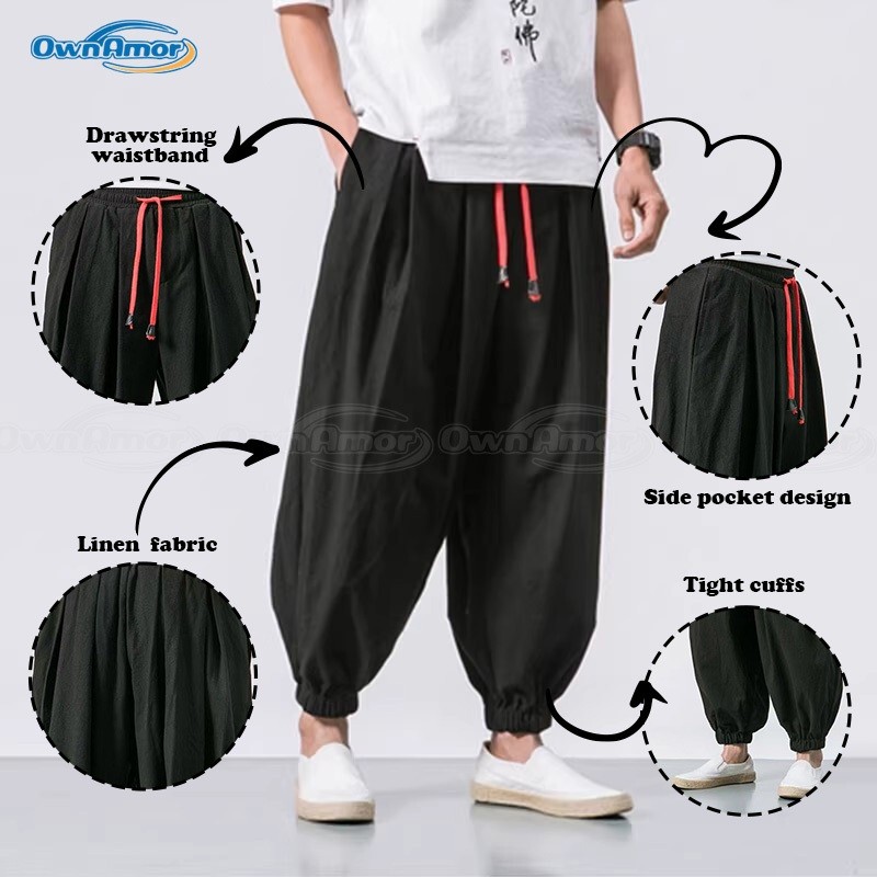 【หุ้นท้องถิ่น】กางเกงผ้าลินินผู้ชายไซส์ใหญ่ โอเวอร์ไซซ์ ทรงหลวมขากว้าง/แครอท เอวยางยืด ใส่สบาย สไตล์ลำลอง/สตรีท