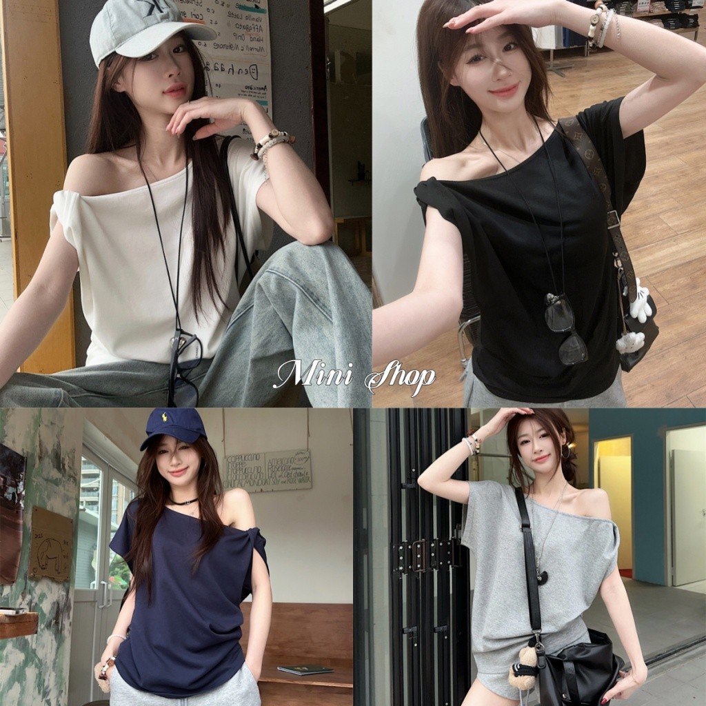 Mini shop🌸พร้อมส่ง🌸(FYP66)เสื้อเปิดไหล่ แขนสั้น สีพื้น ใส่สบาย ผ่านุ่มนิ่ม เท่ๆยืดกำลังดี เสื้อแฟชั่น