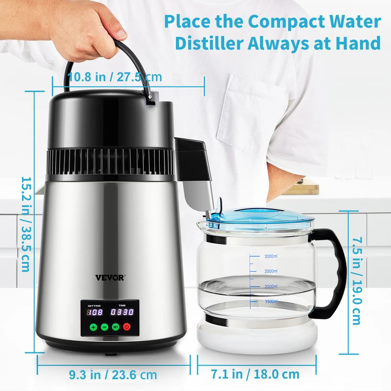 VEVOR 4L Water Distiller Purifier Filter 1 L/H Disilling Speed Dispenser ขวดดื่ม Softener หน้าจอสัมผ