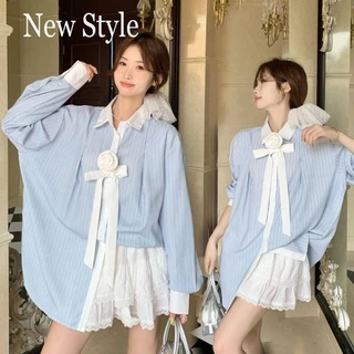 Cuties 💖w636 เสื้อเชิ้ตแขนยาวผู้หญิง สไตล์เกาหลี oversize ลายทาง งานเกาหลีมากก สาวหวาน Y2k