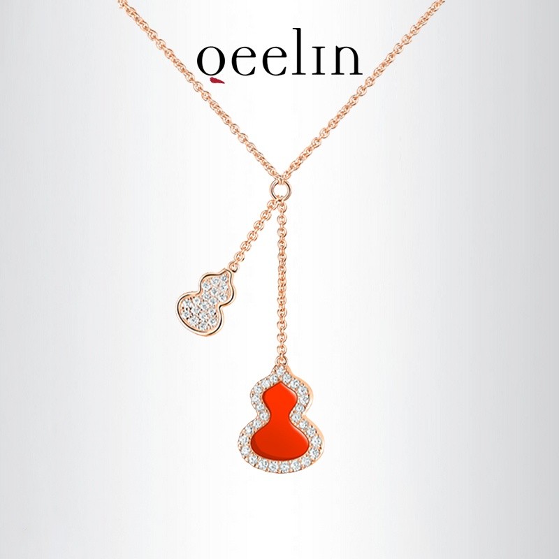 รูปแบบใหม่ Qeelin Kirin Wulu สร้อยคอน้ําเต้าอาเกตสีแดงเพชรสีโรสโกลด์