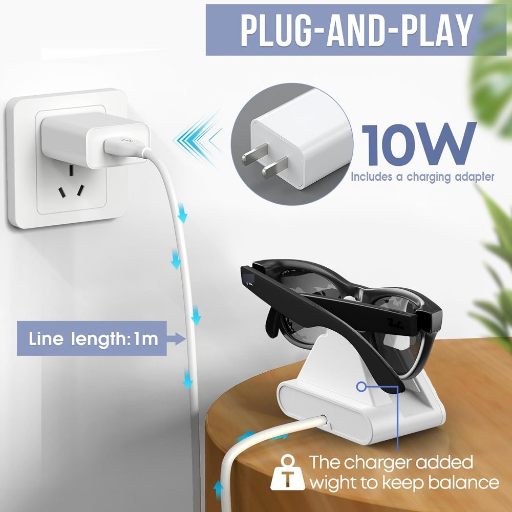 ฐานไฟฟ้าเข้ากันได้กับแว่นตาอัจฉริยะ Ray-Ban Meta ที่ชาร์จเดินทางแบบพกพามาพร้อมกับสายชาร์จ USB อะแดปเ