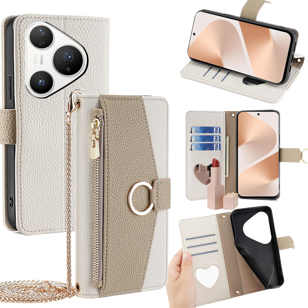 Pura 80 เคสหนังสําหรับ Huawei Pura 80 Ultra Pro + Flip Wallet Cover ช่องใส่การ์ดกระเป๋าซิปพร้อมสายคล้องไหล่โลหะกระจก