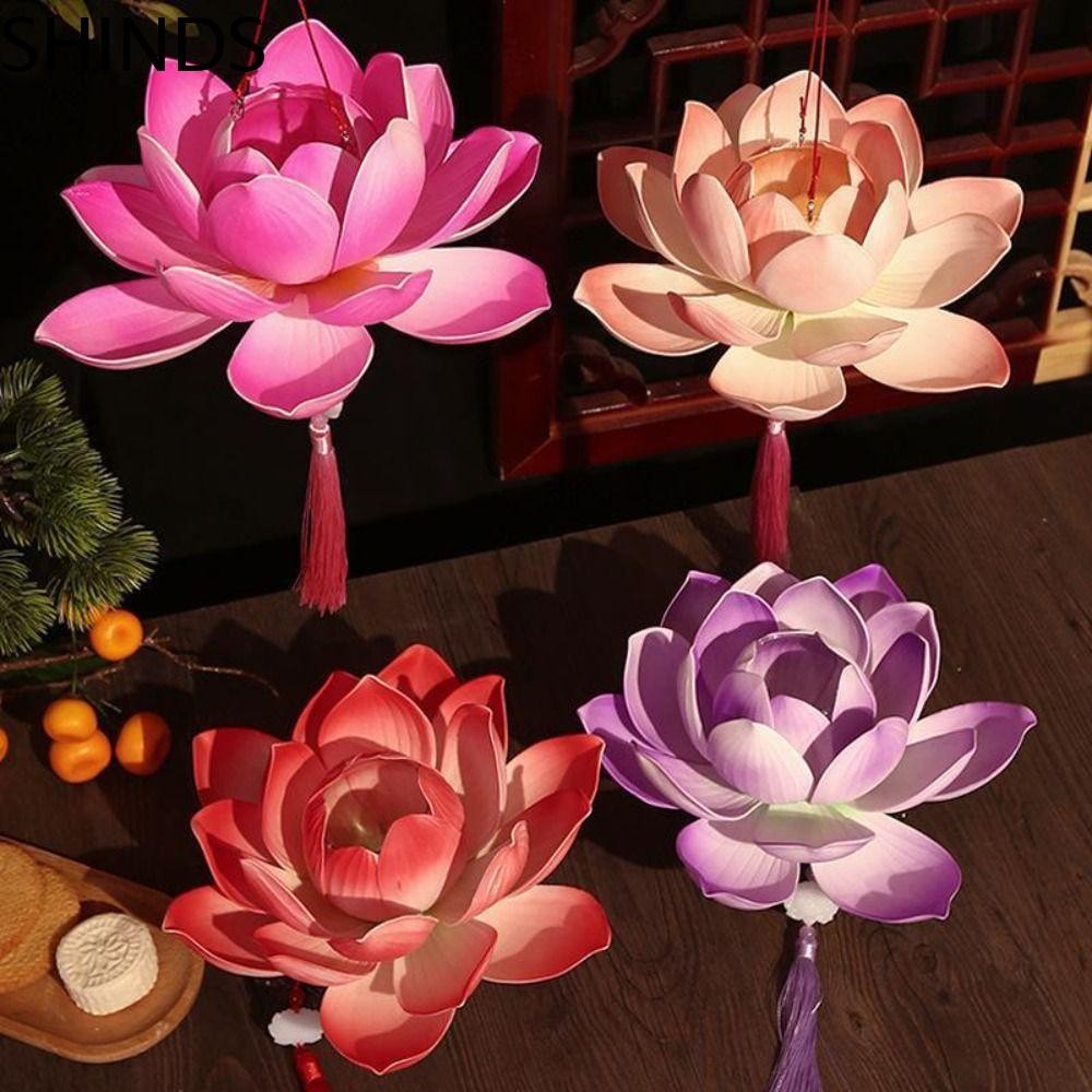 SHINDS โคมไฟเทศกาลไหว้พระจันทร์, ดอกบัว 3D ชุดวัสดุโคมไฟ DIY, กระดาษน่ารักทํามือ PP กลางฤดูใบไม้ร่วงโคมไฟดอกบัวของขวัญ