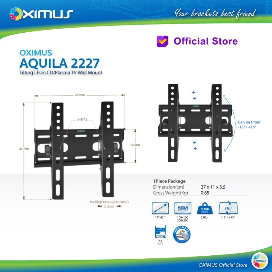 TV Tilt Bracket LCD LED TV 14" นิ้ว - 42" นิ้ว Oximus Aquila 2227 - Wall Mount TV