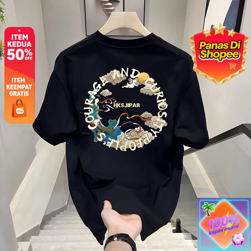 KATUN Shopee เสื้อยืดแขนสั้นผ้าฝ้ายลําลองผู้ชายพร้อมวัฒนธรรม Tionghoa Flying Apsara และตัวอักษรอินเท