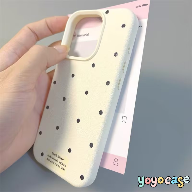 เคสไอโฟน 15 สำหรับ iPhone 8 7 16 15 Plus X XR XS Max 16 12 13 11 Pro Max ปกหนังลายจุดสีดำเรียบง่ายหรูหรา
