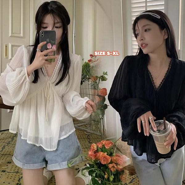 mimi&didi#เสื้อลูกไม้ชีฟอง เสื้อเชิ้ตผ้าชีฟองกันแดดคอวีสีขาวฝรั่งเศสสำหรับผู้หญิง ในช่วงฤดูร้อนบาง ๆ ระดับไฮเอนด์#99141