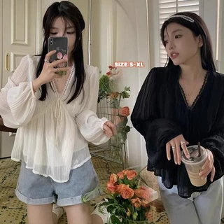mimi&didi#เสื้อลูกไม้ชีฟอง เสื้อเชิ้ตผ้าชีฟองกันแดดคอวีสีขาวฝรั่งเศสสำหรับผู้หญิง ในช่วงฤดูร้อนบาง ๆ ระดับไฮเอนด์#99141