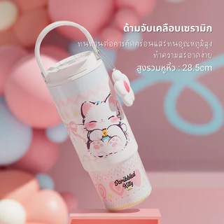 QCOOL แก้วเก็บความร้อนเย็น 880ml สแตนเลส 316 เคลือบเซรามิก ดีไซน์ลายดอกไม้/ลายแมว พร้อมที่กรองชาในตัว QB9