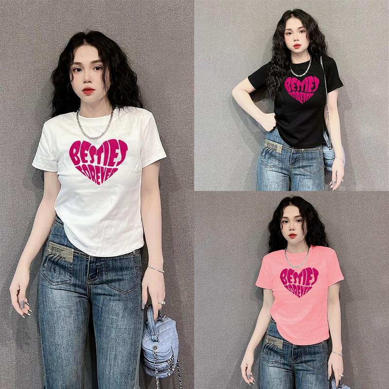 เสื้อยืดแขนสั้นผู้หญิงพิมพ์ลาย มิติ ยอดนิยมในสไตล์สตรีท แฟชั่นกีฬา