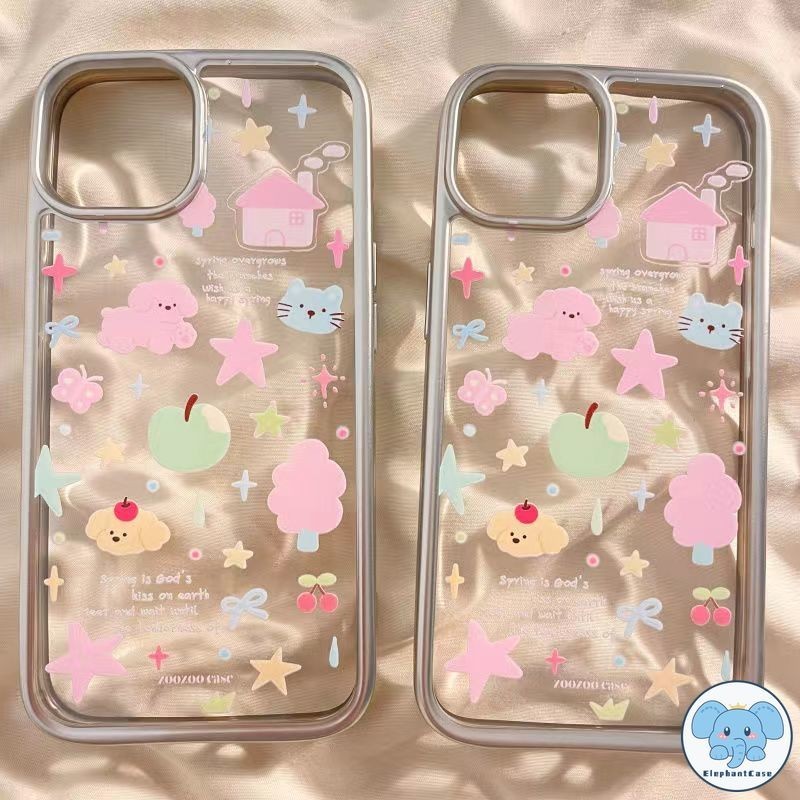 สีสันกำแพงดาวแมวลูกสุนัขตัวเรือนกรอบชุบไฟฟ้า ที่เข้ากันได้กับ IPhone 11 15 13 14 12 Pro Max XR X XS MAX 15 7 8 14Plus SE