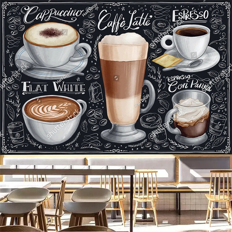 Custom 3d Hand-painted Cafe Cappuccino Self-กาวภาพจิตรกรรมฝาผนังอุตสาหกรรมตกแต่งFrescoวอลล์เปเปอร์ร้านอาหารร้านกาแฟผนังกระดาษสติกเกอร์