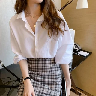Dahong W284 ❤️เสื้อเชิ้ตวินเทจสีพื้น oversize แขนยาวสไตล์เกาหลี สีพื้น วินเทจ ใส่ได้ทุกโอกาส