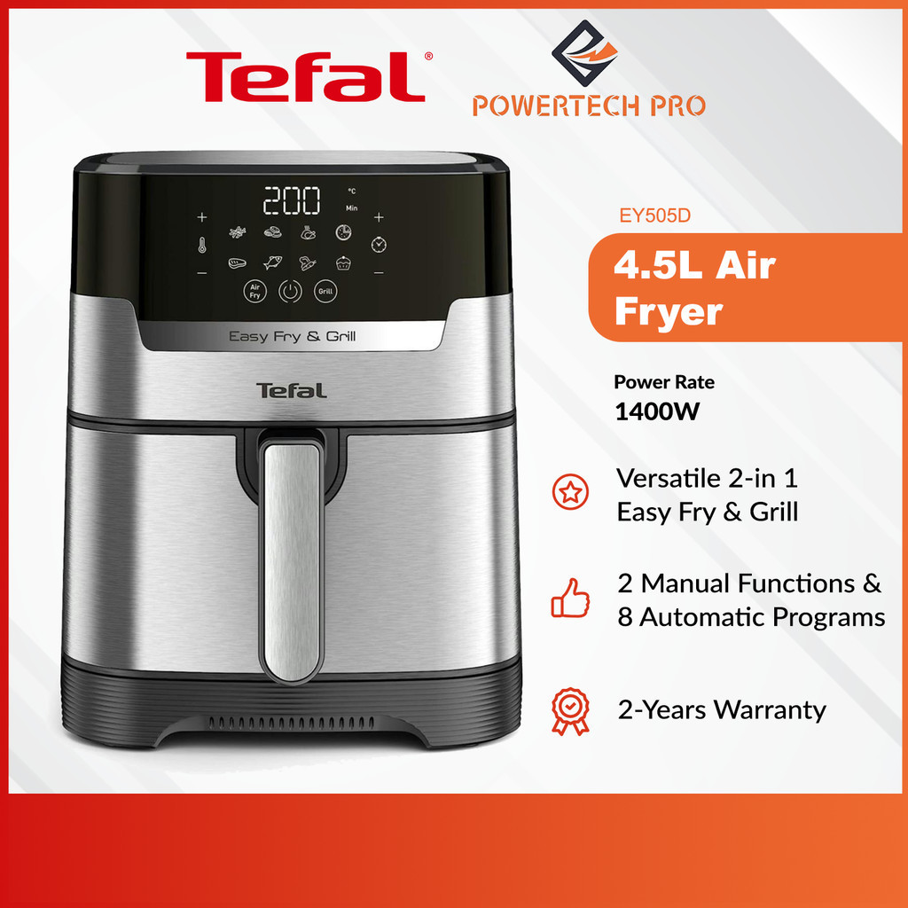 Tefal หม้อทอดอากาศพร้อม Easy Fry & Grill 8-โปรแกรมอัตโนมัติ (EY505D) - มีจําหน่ายใน 4.5L - สแตนเลส