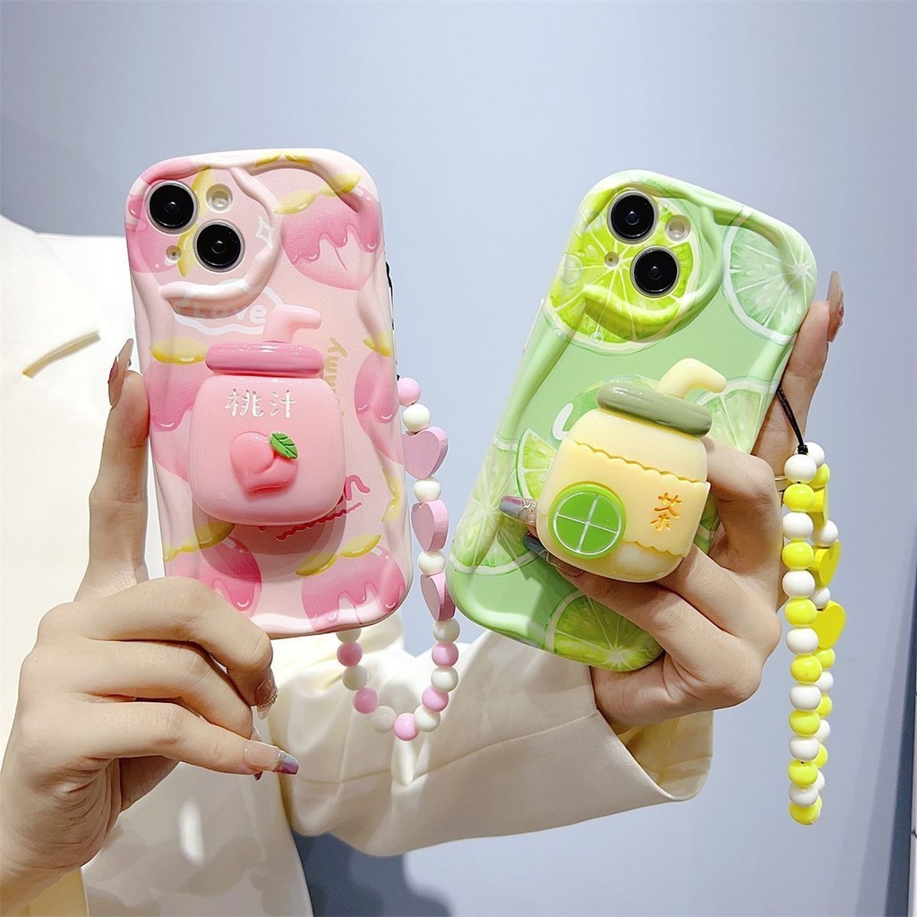 ปลอกสําหรับ POCO C65 F6 X6 M6 Xiaomi 14T 13T Mi 14 13 12 11 Lite POCO X5 F5 F3 X4 GT X3 NFC M3 Pro 5G พีชมะนาว + วงเล็บ + สร้อยข้อมือขอบโค้งนมสีขาวเคสโทรศัพท์