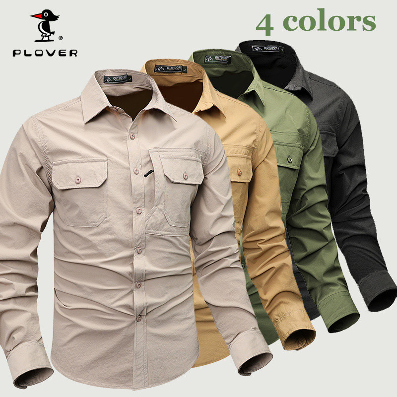 Plover เสื้อเชิ้ตผู้ชาย Long-Sleeved Outdoor Sports Multi-Pocket Zipper Pocket Shirt M-4XL Plus Size Cargo Shirt Quick-Drying