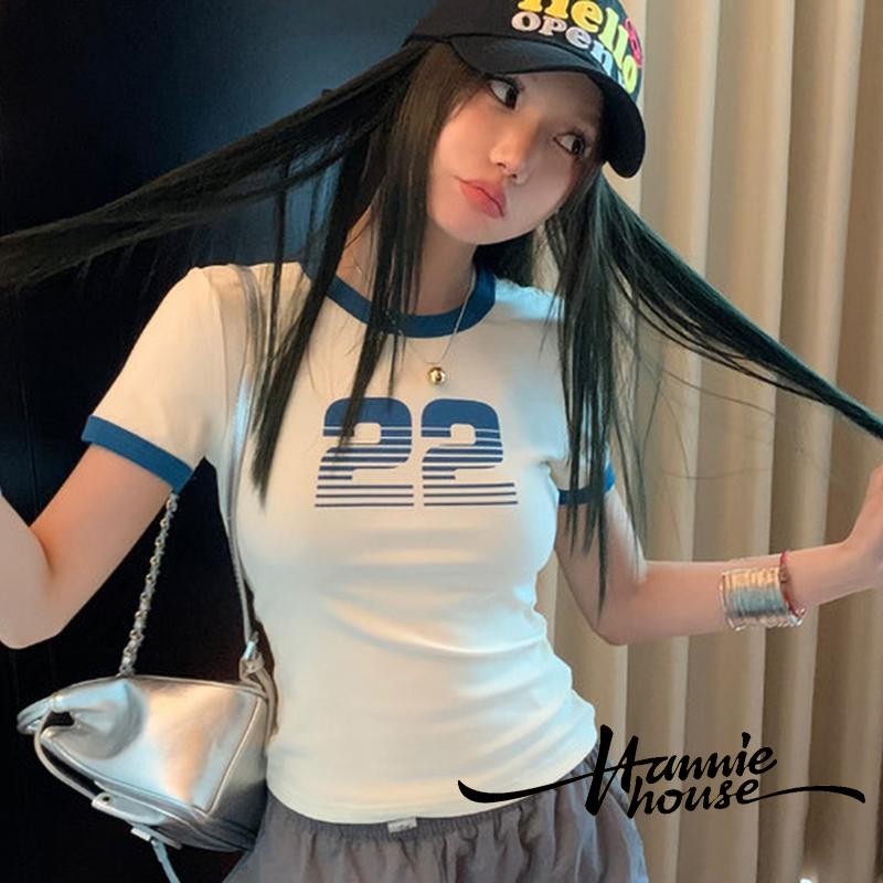 Hanie House- เสื้อยืดฤดูร้อนพิมพ์ลายตัวอักษรแขนสั้นคอกลมสําหรับผู้หญิง