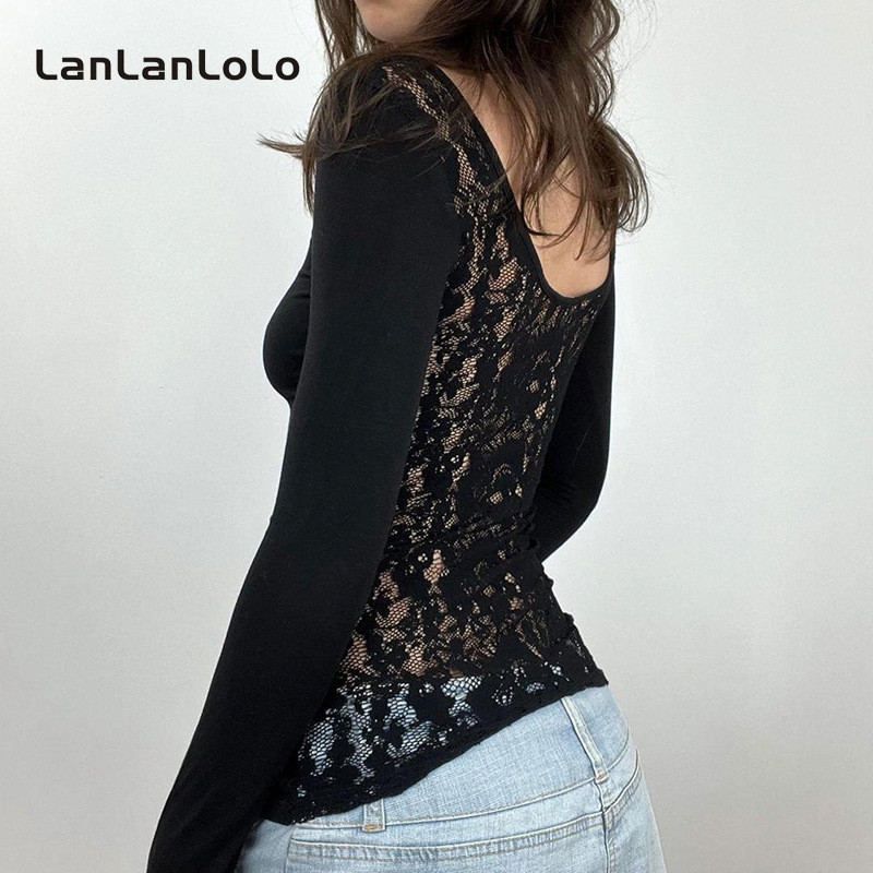 Lanlanlolo ผู้หญิง 2024 สีทึบลูกไม้แขนยาว Patchwork ดูผ่านปุ่มเปลือย Slim เซ็กซี่ด้านบน