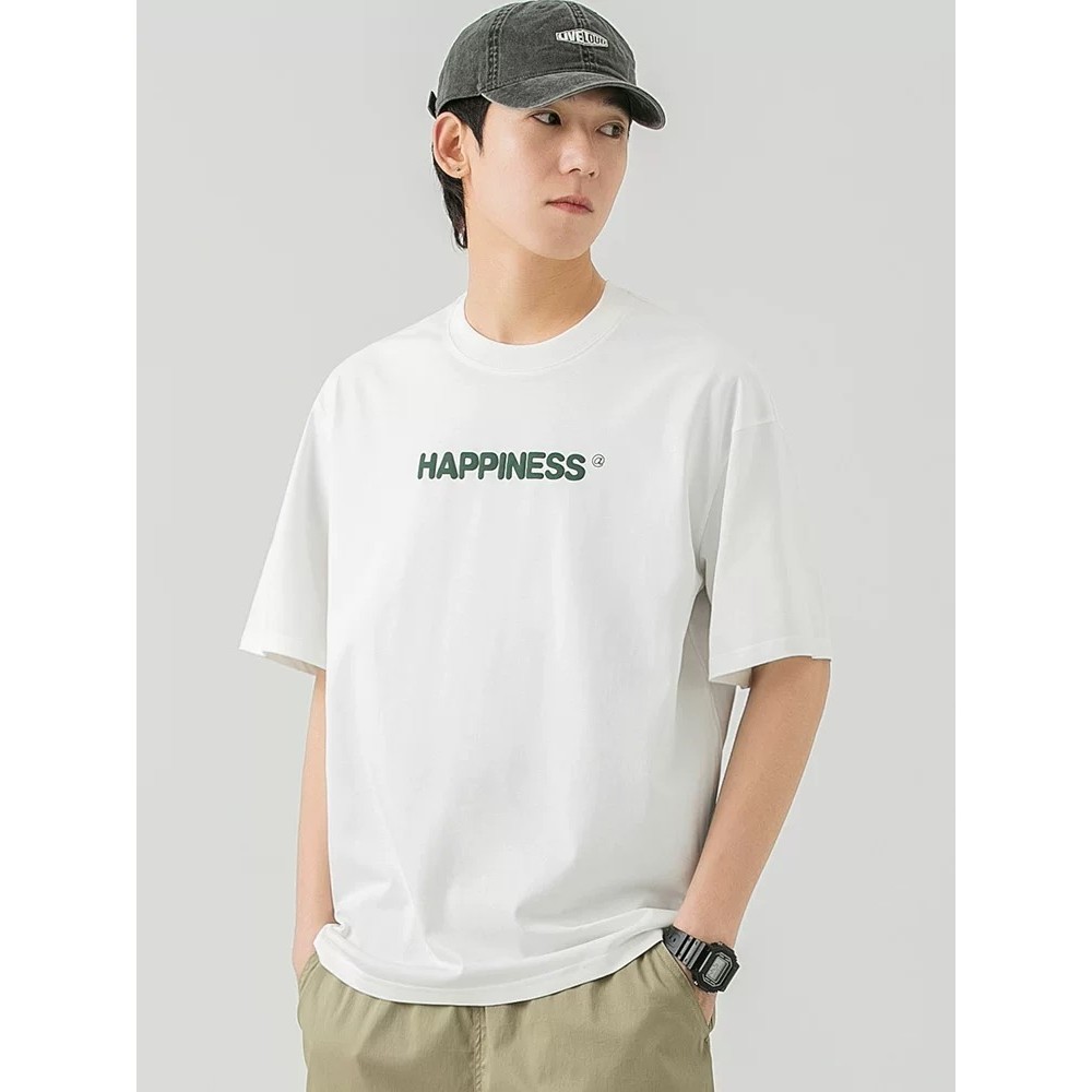 teetwoone ผ้าฝ้ายแท้ เสื้อยืดOversize ผ้า"HAPPINESS" เนื้อผ้าเกรดพรีเมียม คอกลม ใส่สบายสไตล์เกาหลีผู้ชายและผู้หญิง