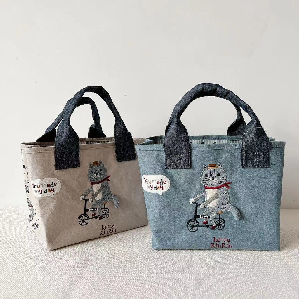 ญี่ปุ่น ญี่ปุ่น kusguru ปักขี่จักรยานแมวกระเป๋าถือ Tote กระเป๋ากระเป๋าถือกล่องอาหารกลางวันกระเป๋าแม่ 934