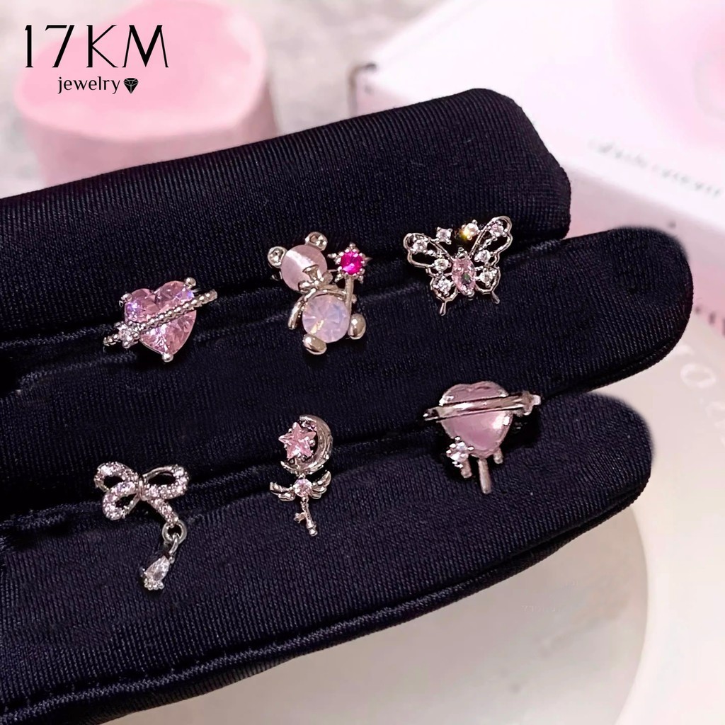 17กม 6ชิ้น/เซ็ตน่ารักหมีผีเสื้อหัวใจต่างหูชุดสีชมพูเพทายต่างหูสตั๊ดเงินสําหรับผู้หญิงเครื่องประดับอุปกรณ์