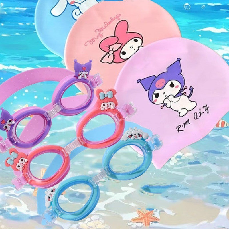 SANRIO ซานริโอ คุโรมิ ของฉัน ทํานอง หมวกว่ายน้ําซิลิโคนกันน้ําว่ายน้ําหมวกสําหรับผู้ชายผู้หญิงผู้ใหญ่เด็กผมยาวสระว่ายน้ําหมวกดําน้ําอุปกรณ์ว่ายน้ํายืดหยุ่นหม