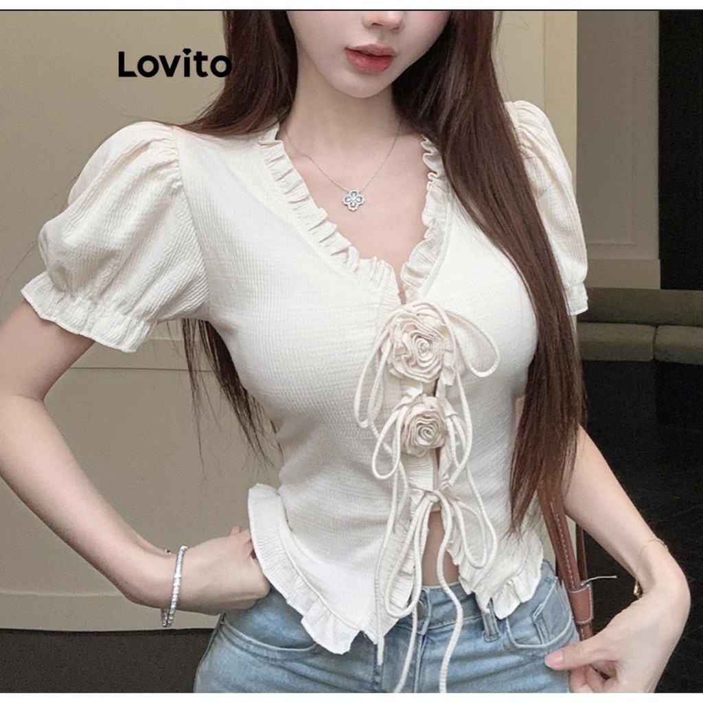 Lovito เสื้อยืดลูกไม้ธรรมดาสำหรับผู้หญิง LNA72195