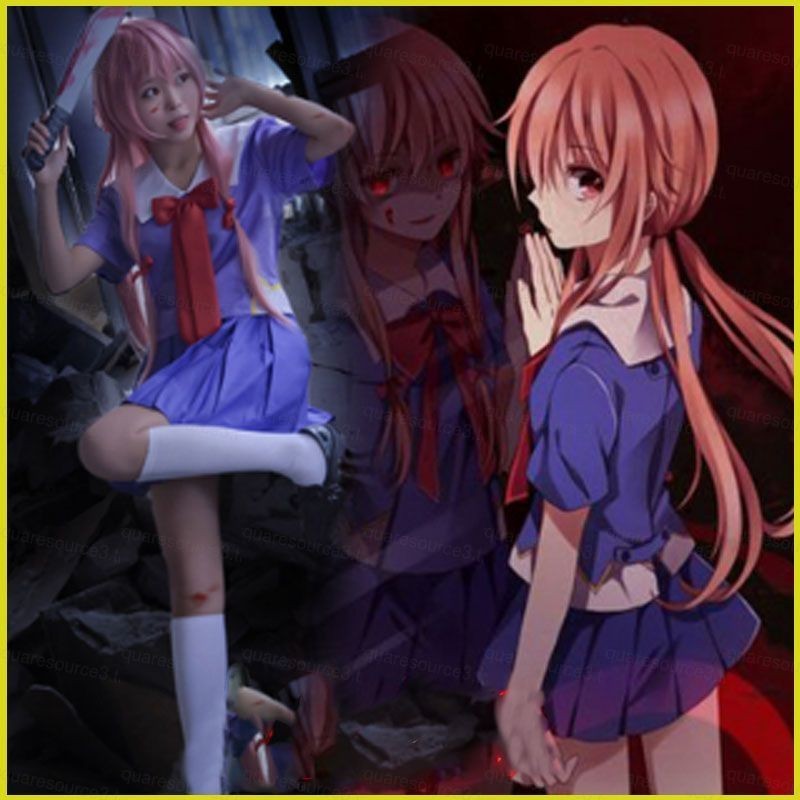 Sq3 Future Diary คอสเพลย์เครื่องแต่งกาย Mirai Nikki Gasai Yuno เสื้อชุดปาร์ตี้ฮาโลวีนแสดงชุด WIth วิกผมโบว์