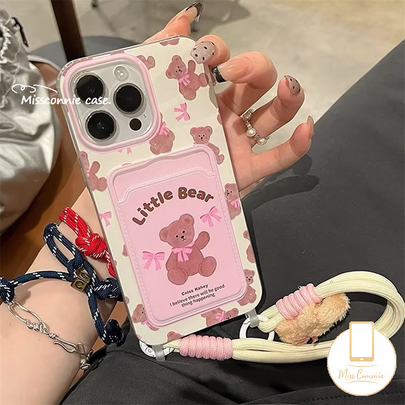 Creative Double Lanyardกระเป๋าสตางค์ช่องใส่การ์ดสําหรับIPhone 11 15 13 14 12 Pro Max 7Plus XR X XS Max 8 6s 7 6 15 Plus SE 2020 การ์ตูนน่ารักหมีสีชมพูโบว์ปกอ่อน