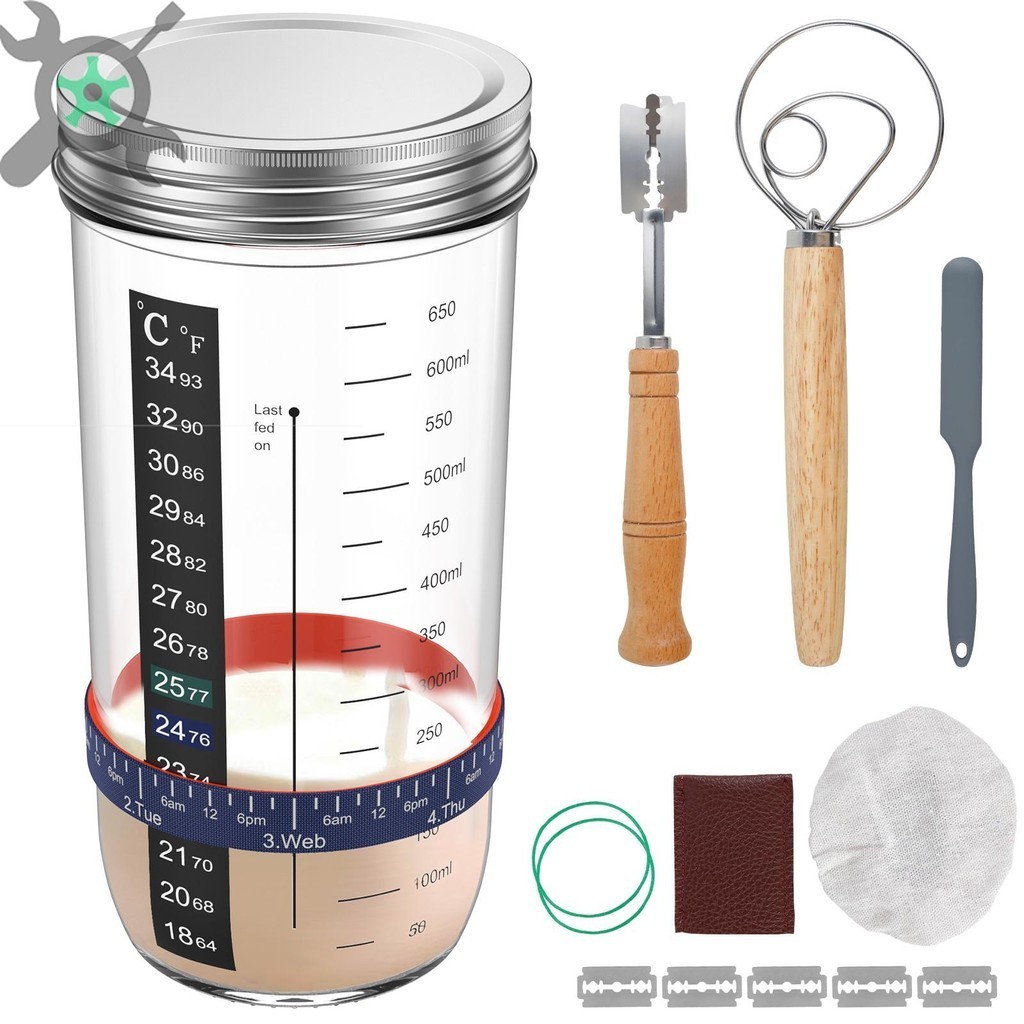 9 ชิ้น ชุดขวดโหลแก้วสตาร์ทเตอร์ Sourdough Starter โหลแก้วหมักแป้ง Jar ชุดขนาด 730ml ทนความร้อน คอนเทนเนอร์พร้อมฝาปิดสําหรับ Baking ชุดสตาร์ทเตอร์ แก้ว พร้อมไม้พาย ผ้าคลุมให้อาหาร มาร์กเกอร์อุณหภูมิ 