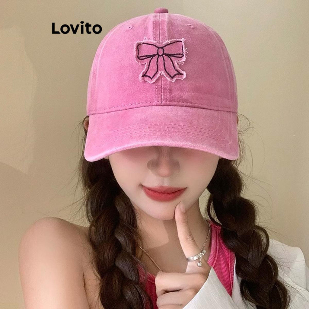 Lovito หมวกแก๊ปผู้หญิง ผ้าฟอก สีพื้น เย็บแต่งแพทช์รูปโบว์ สไตล์ลำลอง LFA32082