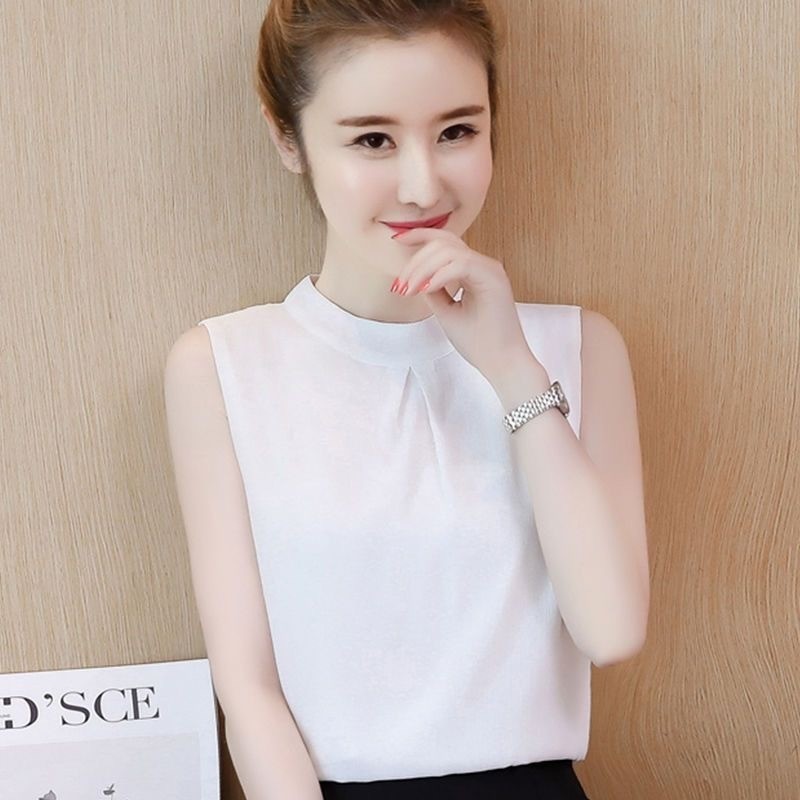 เสื้อชีฟองแขนกุดผู้หญิงสไตล์ใหม่สีทึบ All-Match Top หลวม Slimmer ดูเสื้อกั๊ก Cool ชุดขาตั้ง Col