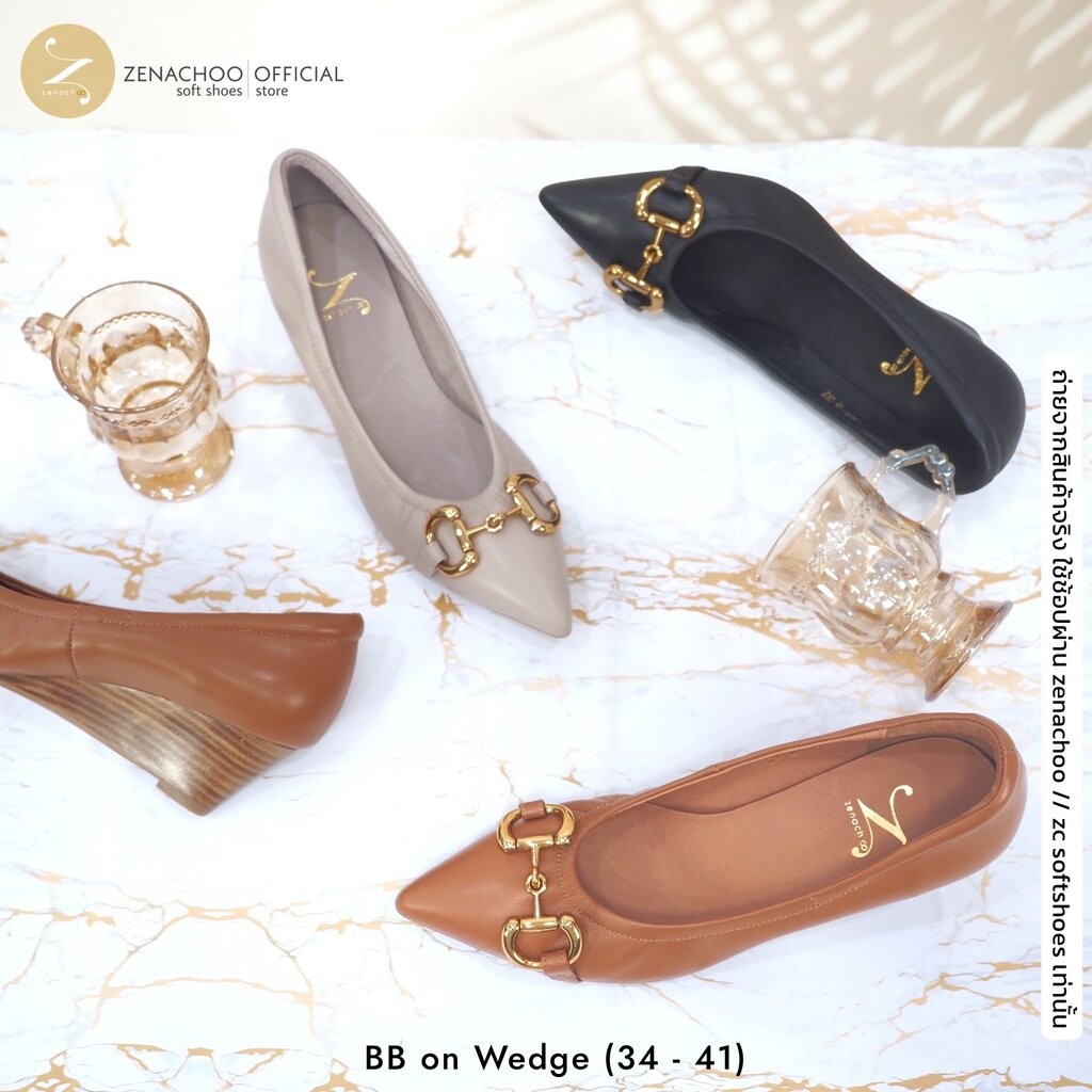 ทรงสวยมาก Zenachoo รุ่น BB on Wedge สูง 2 นิ้ว หนังแกะแท้ รองเท้าหัวแหลม ส้นเตารีด