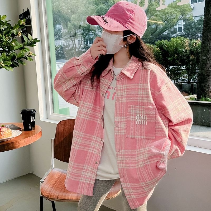 เสื้อเชิ้ตแขนยาวเด็กผู้หญิงลายสก๊อตสีชมพูสไตล์เจ้าหญิงแสนหวานเหมาะสำหรับฤดูใบไม้ผลิและฤดูใบไม้ร่วง
