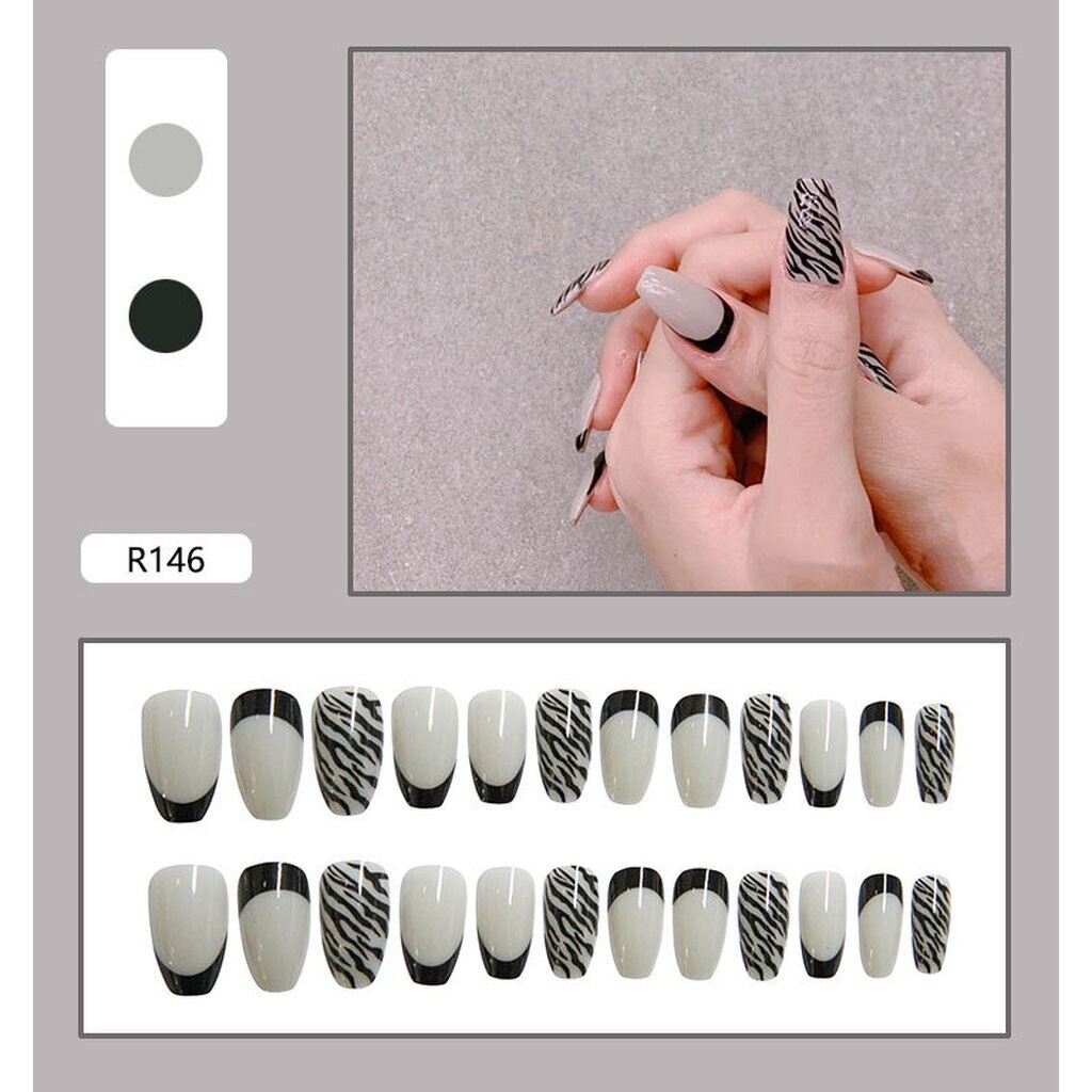 PPHOO✨# สีดำ ยาวกลาง เล็บสวย เล็บปลอม กล่อง 24 ชิ้น - รูปที่ 2